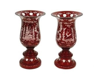 4205
A Pair Of Bohemian Cut-Glass Vases
Late 19th/early 20th century
Each art glass vase intaglio cut from ruby to clear with floral motifs centering a stag and windmill, 2 pieces
Each: 9.25" H x 4.875" Dia.
Estimate: $300 - $500