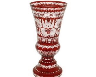 4209
A Bohemian Cut-Glass Vase
Late 19th/early 20th century
The art glass vase intaglio cut from ruby to clear with floral motifs centering stags and castles
11.5" H x 5.625" Dia.
Estimate: $300 - $500
