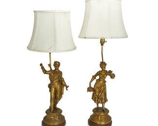 4211
A Pair Of Continental Gilt-Metal Figure Lamps
Late 19th/early 20th century
Modeled respectively as a man and woman in 18th century attire, each mounted to a wood base, electrified
Each: 36" H x 7.5" W
Estimate: $500 - $700