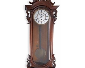 4219
A Viennese Regulator Clock
Late 19th/early 20th century
The enameled brass dial with black Roman Numeral hour markers, outer minute track, sub-seconds dial, and single train movement, set in a carved walnut case with foliate design, and a glazed door
39.5" H x 15.25" W x 6" D
Estimate: $200 - $300