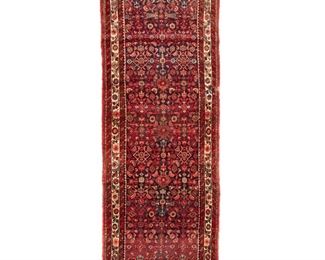 4235
A Persian Runner
Mid-20th century
Wool on cotton foundation, with polychrome geometric and floral motifs on a dark field
120.5" L x 46.5" W
Estimate: $600 - $800