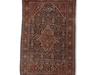 4237
A Persian Senneh Area Rug
Late 19th/early 20th century
Wool on cotton foundation, central red ground diamond, blue ground, multiple borders
6'8" H x 4'4" W
Estimate: $300 - $400