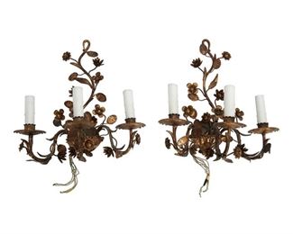 4238
A Pair Of Italian Gilt-Metal Floral Wall Sconces
20th century
Each with a faux-candle three light configuration, electrified, 2 pieces
Each: 16.5" H x 10.5" W x 8" D
Estimate: $600 - $800