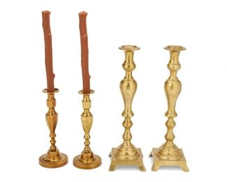 4244
A Group Of Brass Candlestick Holders
19th century
Comprising of two matching pairs, 4 pieces
Larger: 17.5" H x 4.5" W; smaller: 11.125" H x 4.25" W
Estimate: $200 - $300