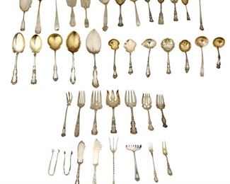 4258
A Group Of Sterling Silver Flatware
Late 19th/early 20th century
Each marked for sterling, with various maker's marks
Comprising spoons and serving pieces of various forms and patterns, makers include Baker-Manchester, Towle, Gorham, Georg Jensen, and more, 40 pieces
Largest: 13" L
76.775 oz. troy approximately
Estimate: $1,200 - $1,800