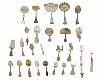 4260
A Group Of Sterling Silver Flatware
Late 19th/early 20th century
Each marked for sterling, with various maker's marks
Comprising spoons, forks, and serving items of various forms and patterns, makers include Towle, Tiffany & Co., and Gorham, 33 pieces
Largest: 9.625" L
Weighable sterling: 28.54 gross oz. troy approximately
Estimate: $600 - $800