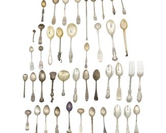 4259
A Group Of Sterling Silver Flatware
Late 19th/early 20th century
Most marked for sterling, with various maker's marks
Comprising spoons and forks of various forms and patterns, makers include Gorham, 107
Largest: 7"
44.825 gross oz. troy approximately
Estimate: $500 - $700