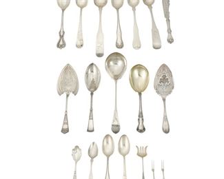4261
A Group Of Silver Flatware
20th century
Most marked for sterling or coin, with various maker's marks
Comprising spoons and forks of various forms and patterns, makers include Towle and Gorham, 19 pieces
Largest: 10.625"
31.25 oz. troy approximately
Estimate: $300 - $500