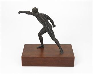 4263
A Bronze Sculpture Of An Athlete
19th century
Appears unsigned
The patinated bronze sculpture of a figure mounted on a wooden base
10" H x 10" W x 6.5" D; with base: 12.5" H x 12" H x 7" W
Estimate: $500 - $700