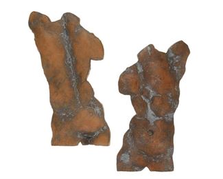 4264
A Pair Of Contemporary Figural Wall Sculptures
20th century
One with incised signature: [AE or CE]
Each terracotta, comprising a female and male figure, 2 pieces
Each: 15.25" H x 8.5" W x 0.5" D approx.
Estimate: $500 - $700