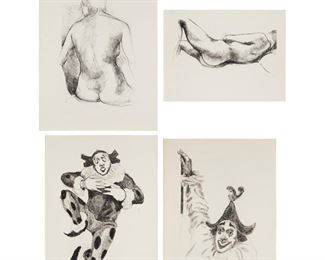 4267
A Group Of Lithographs By John Sandlin
John Sandlin (1929-1995)
Four works:

"Harlequin, #2," 1973
Edition: 2/60
Signed and dated in pencil lower right: Sandlin; titled, inscribed, and numbered in pencil lower left; blindstamps lower left
Sheet: 40.125" H x 29.5" W

"Harlequin, #3," 1973
Edition: 2/60
Signed and dated in pencil lower right: Sandlin; titled, inscribed, and numbered in pencil lower left; blindstamp lower left
Sheet: 39.125" H x 29.625" W

"Nude, #2," 1973
Edition: 2/40
Signed and dated in pencil lower right: Sandlin; titled and numbered in pencil lower left; blindstamp lower left
Sheet: 40" H x 30" W

"Nude, #4," 1973
Signed and dated in pencil lower right: Sandlin; titled and numbered in pencil lower left; blindstamp lower left
Sheet: 22.5" H x 29.875" W

4 pieces
Estimate: $300 - $500