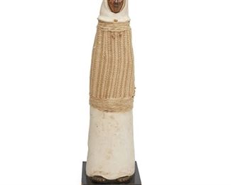 4269
A Ceramic, Bronze, And Fiber Figural Sculpture
1987
Signed: Kaida '87©
Standing figure with a fiber-wrapped ceramic body and cast bronze face and feet on a painted wood base
27.5" H 8" W x 8" D
Estimate: $500 - $700