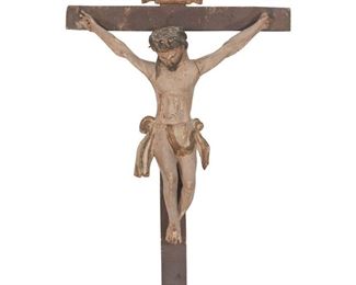 4275
A Spanish Carved Wood Crucifix
19th century
In polychromed wood with gilt highlights
24.5" H x 15.5" W x 4.75" D
Estimate: $300 - $500