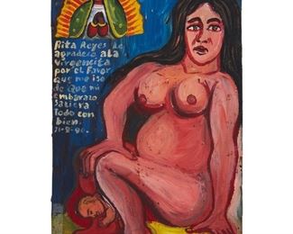 4276
Rita Reyes (B. 20th Century)
Rita Reyes in labor and the Virgin of Guadalupe, 1990
Polychrome Ex Voto on tin
Signed and dated as part of the inscription: Rita Reyes
Estimate: $200 - $400