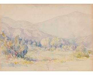 4279
Benjamin Chambers Brown
1865-1942, Pasadena, CA
Landscape With Foothills
Watercolor on paper under Plexiglas
Appears unsigned
Sight: 9.5" H x 13.25" W
Estimate: $300 - $500