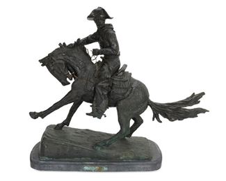 4282
After Frederic Remington
1861-1909
Cowboy Riding On Horseback
Patinated bronze mounted on black marble and metal <br />
Signed in the casting: Frederic Remington
21.5" H x 7.25" W x 26" D; with base: 23" H x 10" W x 26" D
Estimate: $500 - $700