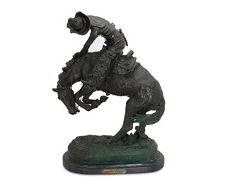 4283
After Frederic Remington
1861-1909
"The Rattlesnake," Modeled 1905
Patinated bronze on black marble base and metal
Signed in the casting: Frederic Remington ©; titled on the base
22" H x 15" W x 7.5" D; with base: 24" H x 16.5" W x 10" D
Estimate: $500 - $700