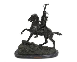 4284
After Frederic Remington
1861-1909
"The Scalp," Modeled 1898
Patinated bronze mounted on black marble and metal
Signed in the casting: Frederic Remington ©; titled on the base
23.5" H x 9" W x 20" D; with base: 25" H x 12" W x 23" D
Estimate: $500 - $700