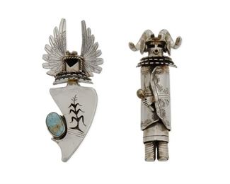 4286
Benson Ration
b. 1953, Navajo/Dine
Two Silver Katsina Pendants/Brooches
Each stamped: B R / Sterling; one further stamped with hoof print motif
Comprising one with winged mask, cornstalk shadowbox overlay, and set turquoise (3.75" H x 1.5" W) and the other with stamped robes, rattle, and curved horned ram mask (3.5" H x 1.25" W), 2 pieces
70.8 grams gross
Estimate: $200 - $400
