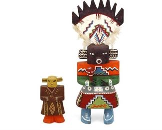 4289
Two Route 66 Katsina Figures
Mid-20th century
Each souvenir carved wood katsina-style figure painted with polychrome designs and feather elements, 2 pieces
Largest: 11.875" H x 3.75" W x 2.5" D; smallest: 4.25" H x 2.25" W x 1.75" D
Estimate: $100 - $200