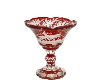 4297
A Bohemian Cut-Glass Vase
Late 19th/early 20th century
The art glass compote intaglio cut from ruby to clear with stags
7.75" H x 7.25" Dia.
Estimate: $300 - $500