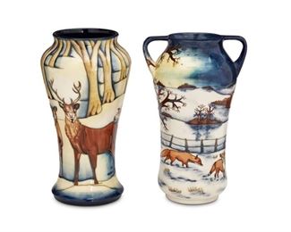 4301
Two Moorcroft Pottery Vases
Late 20th/early 21st century; Burslem, England
Each with Moorcroft backstamp; with further various dates and markings
Each glazed ceramic, comprising one with a winter landscape and one with deer in snow, 2 pieces
Largest:10" H x 6" W x 5.25" D
Estimate: $200 - $300