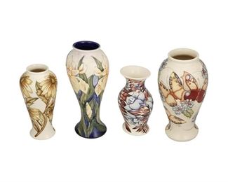 4302
A Group Of Moorcroft Pottery Vases
Late 20th/early 21st century; Burslem, England
Each with Moorcroft backstamp; with further various dates and markings
Each glazed ceramic with floral motifs comprising daisies, lilies, Jacob's Ladder, and butterflies, 4 pieces
Largest: 10.75" H x 4.25" Dia.
Estimate: $300 - $500