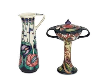 4305
Two Moorcroft Pottery Items
Late 20th/early 21st century; Burslem, England
Each with Moorcroft backstamp; with further various dates and markings
Each glazed ceramic, comprising a Glasgow rose pitcher and a lidded compote with floral motif, 2 pieces
Largest: 9.25" H x 4.25" Dia.
Estimate: $200 - $300