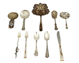 4308
A Group Of Sterling Silver Flatware
Late 19th/early 20th century
Each marked for sterling, with various maker's marks
Comprising spoons, forks, knives, and serving pieces of various forms and patterns, makers include Gorham, 25 pieces
Largest: 8.25" L
Weighable sterling: 21.01 oz. troy approximately
Estimate: $600 - $800