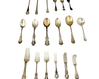 4309
A Group Of Sterling Silver Flatware
20th century
Most marked for sterling, with various maker's marks
Comprising spoons, forks, and knives of various forms and patterns, makers include Reed & Barton, Wallace, Towle, and more, together with one silver-plated spoon, 52 pieces
Weighable sterling: 44.54 gross oz. troy approximately
Estimate: $600 - $800