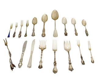 4310
A Group Of Sterling Silver Flatware
20th century
Each marked for sterling, with various maker's marks
Comprising spoons, forks, and butter spreaders of various forms and patterns, makers include Tiffany & Co., Mechanics Sterling, Reed & Barton, George S. Shiebler & Co., and more, 46 pieces
Weighable sterling: 32.405 oz. troy approximately
Estimate: $600 - $800
