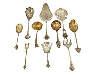 4311
A Group Of Sterling Silver Flatware
20th century
Most marked for sterling, with various maker's marks
Comprising spoons, forks, and serving items of various forms and patterns, makers include Gorham , 10 pieces
Largest: 10.25" L
14.495 oz. troy approximately
Estimate: $500 - $700