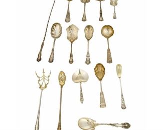 4312
A Group Of Sterling Silver Flatware
Late 19th/early 20th century
Each marked for sterling, with various maker's marks
Comprising spoons and forks of various forms and patterns, makers include Shreve, Crump & Low; Gorham; and Dominick & Haff, 15 pieces
Largest: 17.125" L
23.175 oz. troy approximately
Estimate: $500 - $700