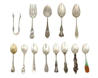 4313
A Group Of Sterling Silver Flatware
Late 19th/early 20th century
Each marked for sterling, with various maker's marks
Comprising spoons and forks of various forms and patterns, makers include Georg Jensen, Wallace, and more, 26 pieces
Largest: 6" L
12.14 oz. troy approximately
Estimate: $400 - $600