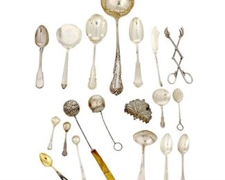 4315
A Group Of Sterling Silver Flatware And Holloware
20th century
Each marked for sterling, with various maker's marks
Comprising spoons and other table items of various forms and patterns, makers include Reed & Barton, Gorham, and more, 21 pieces
Largest: 13" L
34.89 gross oz. troy approximately
Estimate: $400 - $600