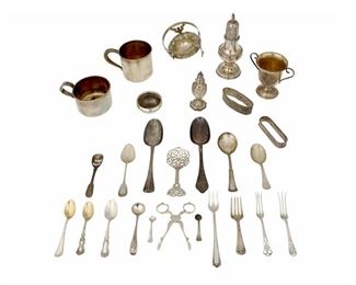 4316
A Group Of Sterling Silver Holloware And Flatware
19th/20th century
Each marked for sterling, with various maker's marks
Comprising spoons, forks, salt and pepper shakers, and other table items of various forms and patterns, makers include Gorham, Halo, Whiting, and more, 40 pieces
Largest: 7.875" L
32.965 oz. troy approximately
Estimate: $600 - $800