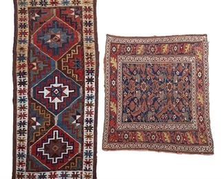 4321
Two Diminutive Wool Rugs
Early 19th century
Comprising of a Senna mat (22" L x 19" W) and a Caucasian mat (36" L x 15" W), both small in size, 2 pieces
Larger: 3' L x 1'3" W; smaller: 1'10" L x 1'7" W
Estimate: $500 - $700