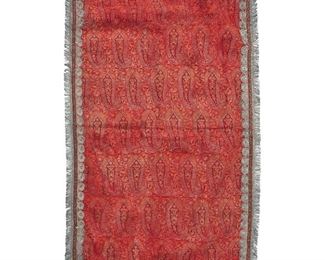 4323
An Indian Paisley Textile With Silver Thread
Late 19th/early 20th century
The cotton on cotton textile woven predominantly in red with polychrome paisley pattern and finished with swirled silver thread border and fringe, with silk backing
45" L x 32" W approximately
Estimate: $300 - $500