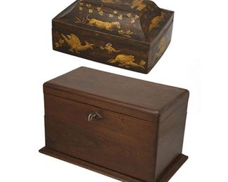 4325
Two Wooden Table Boxes
19th century
Walnut box marked: Army Navy 'M' [bee emblem]
Comprising of a likely Burmese gilt lacquer box depicting various animals, foliate, and buildings; along with an Anglo-Indian, tin-lined campaign lockbox, 2 pieces
Larger: 6" H x 10" L x 5.25" D; smaller: 4" H x 8.5" W x 6" D
Estimate: $600 - $800