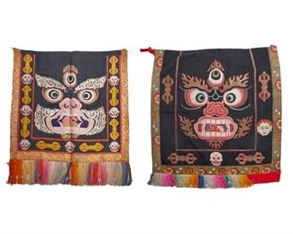 4327
Two Tibetan Silk Embroidered Door Curtains
Early 20th century
Each depicting black Mahakala, a powerful symbol of protection in the Buddhist faith; both double-faced silk embroidery with gilt thread accents and polychrome thread fringe, 2 pieces
Each: 34" H x 29" W
Estimate: $400 - $600