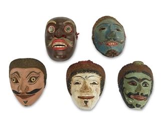 4328
A Group Of Javanese Masks
19th century
One marked: Patih Kaliwong / F9; one mask with paper label reading: Made in Java
Various shapes and styles, all polychrome paint on carved wood, one with applied fur, 5 pieces
Largest: 7.25" H x 5" W x 3.75" D; smallest: 7.5" H x 4.5" W x 3.5" D
Estimate: $400 - $600