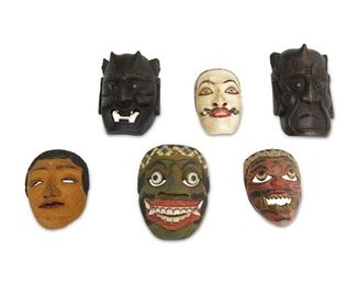 4329
A Group Of Javanese Masks
19th/20th century
One mask marked: Grantang
Comprising of six masks of various shapes and styles; four polychrome paint on carved wood and two carved wood with bone teeth and plastic eyes, 6 pieces
Largest: 7.75" H x 5.25" W x 3.75" D; smallest: 6.5" H x 4" w x 2.25" D
Estimate: $500 - $700