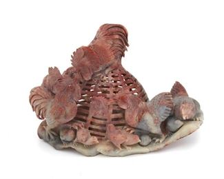 4335
A Chinese Shoushan Carved Stone Sculpture Of Chickens
20th century
The sculpture of chickens perched on a weaved object, carved from grey and red variegated alabaster
6.75" H x 8.5" W x 4.75" D
Estimate: $700 - $900