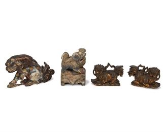 4345
A Group Of East Asian Guardian Lions
Circa 19th-20th century
Comprising a pair of Chinese gilt foo dogs, a polychrome and gilt guardian lion, possibly Tibetan, and gilt foo dog with attached base, 4 pieces
Largest: 7.75" H x 12.25" W; smallest: 4.75" H x 8.625" W
Estimate: $300 - $500