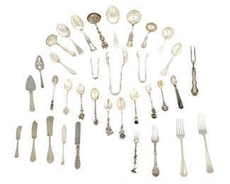 4349
A Group Of Silver Flatware
20th century
Each marked for sterling or .800 silver, with various maker's marks
Comprising spoons, forks, knives, and serving pieces of various forms and patterns, makers include Gorham and Whiting, together with three silver-plated items, 48 pieces
Largest: 8.625" L
Weighable sterling: 41.965 gross oz. troy approximately
Estimate: $600 - $800