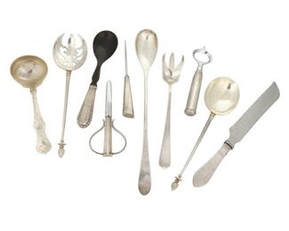 4350
A Group Of Sterling Silver Flatware
20th century
Each marked for sterling, with various maker's marks
Comprising spoons, forks, and serving pieces of various forms and patterns, makers include Georg Jensen, Gorham, and more, 10 pieces
Largest: 12.125" L
Weighable sterling: 16.08 gross oz. troy approximately
Estimate: $400 - $600