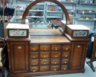 Pulaski Furniture Co Apothecary, 6-Drawer, 2 Cabinet Dresser With Marble Top And Round Mirror, 76" x 72.5" x 21"