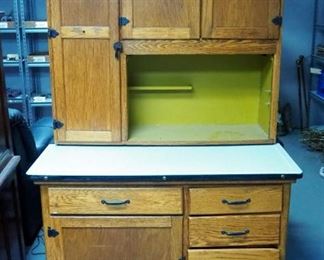 Antique 2 Piece Bakers Cabinet On Casters, With 4 Drawers, Enamel Top, And Flour Bin With Sliding top, 72" x 41.5" x 25"