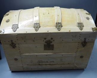 Antique Rolling Camel Back Travel Trunk With Brass Hardware, Lined Interior And Removable Tray, 23" x 30.5" x 17"