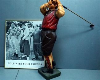 Fiberglass Posing Golfer, 36.5" Tall, Hat And Club Need Repair, And Framed Under Glass "Golf With Your Friends" Three Stooges Print, 26.5" x 22.5"